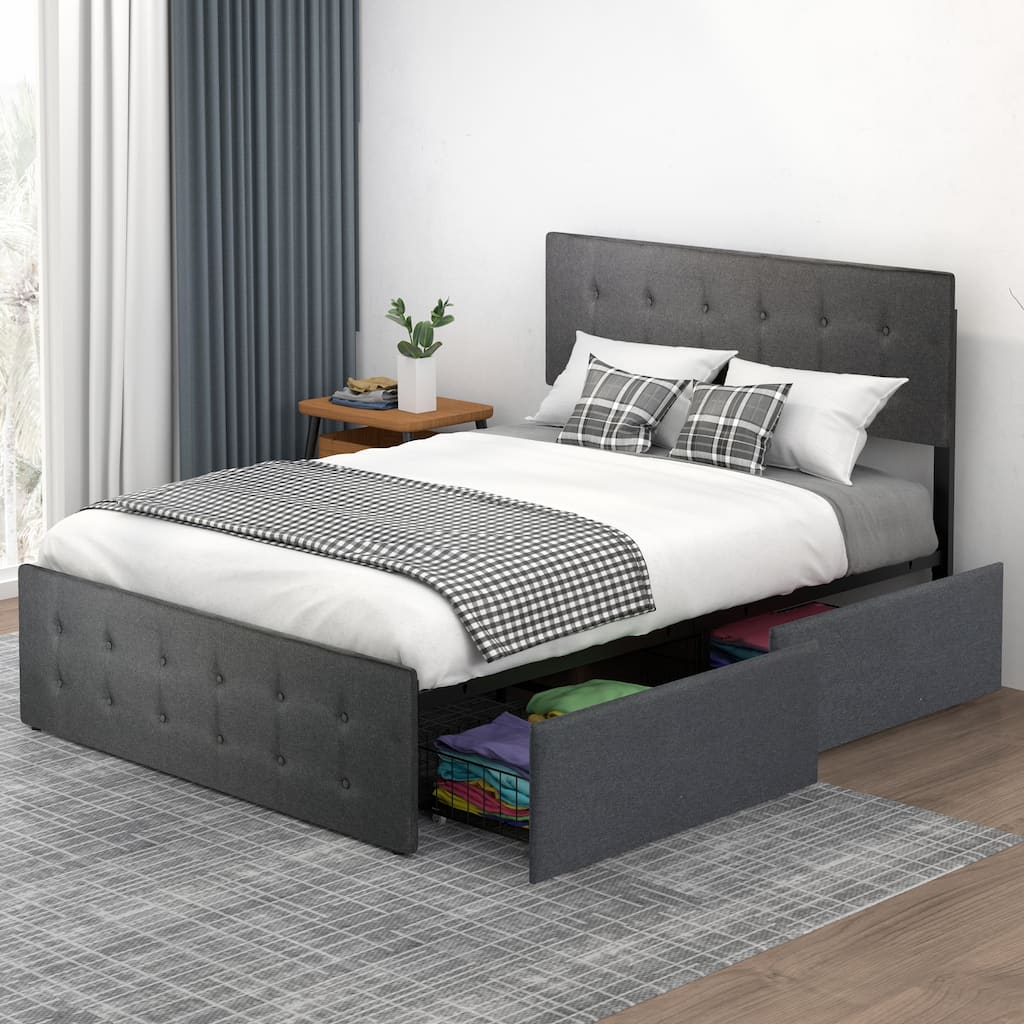 Bed Framewith 4 Storage Drawers and Adjustable Lined Headboard