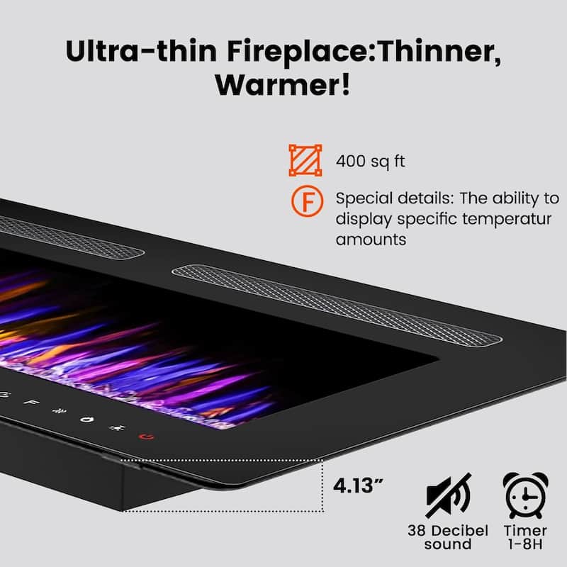 BOSSIN Electric Fireplace Wall Mounted and Recessed with Remote Control, 750/1500W Ultra-Thin Wall Fireplace Heater, Low Noise