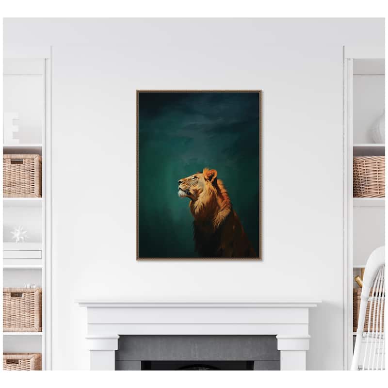 Kate and Laurel Lion on Tonal Blue Teal Green Abstract by The Creative Bunch Studio Framed Canvas Wall Art Print