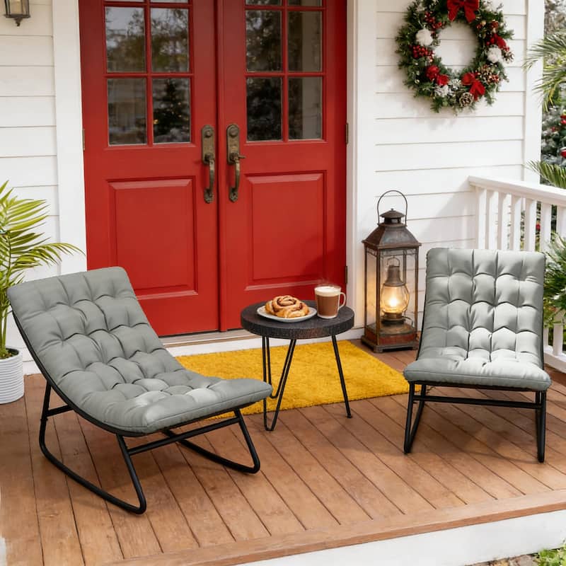 GDFStudio Outdoor Thorian Steel Mesh 2-Piece Rocking Chair Set with Cushions - Black+Dark Gray
