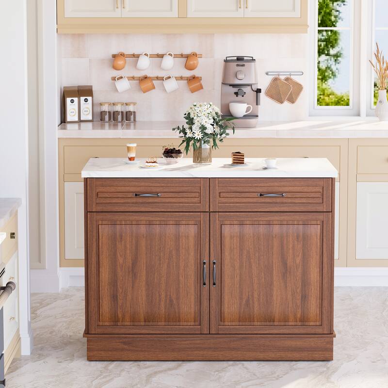 EROMMY 48" Kitchen Island Cabinet with Marble Countertop, Walnut Finish, 2 Drawers & 2 Cabinets - Wood - Stationary