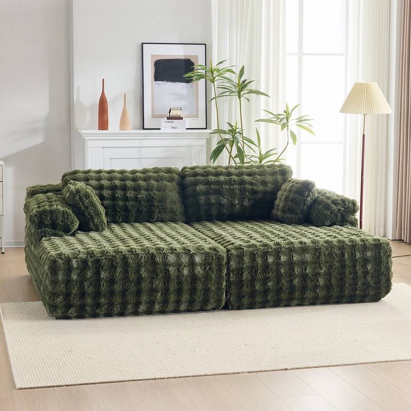 93" Velvet King Size Chaise Lounge Sofa Bed Sleeper Sofa with Dual Mattress - Olive-Green