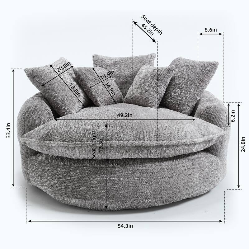 55" Modern Long Polyester Foam Round Bean Bag Sofa Chair with Pillows