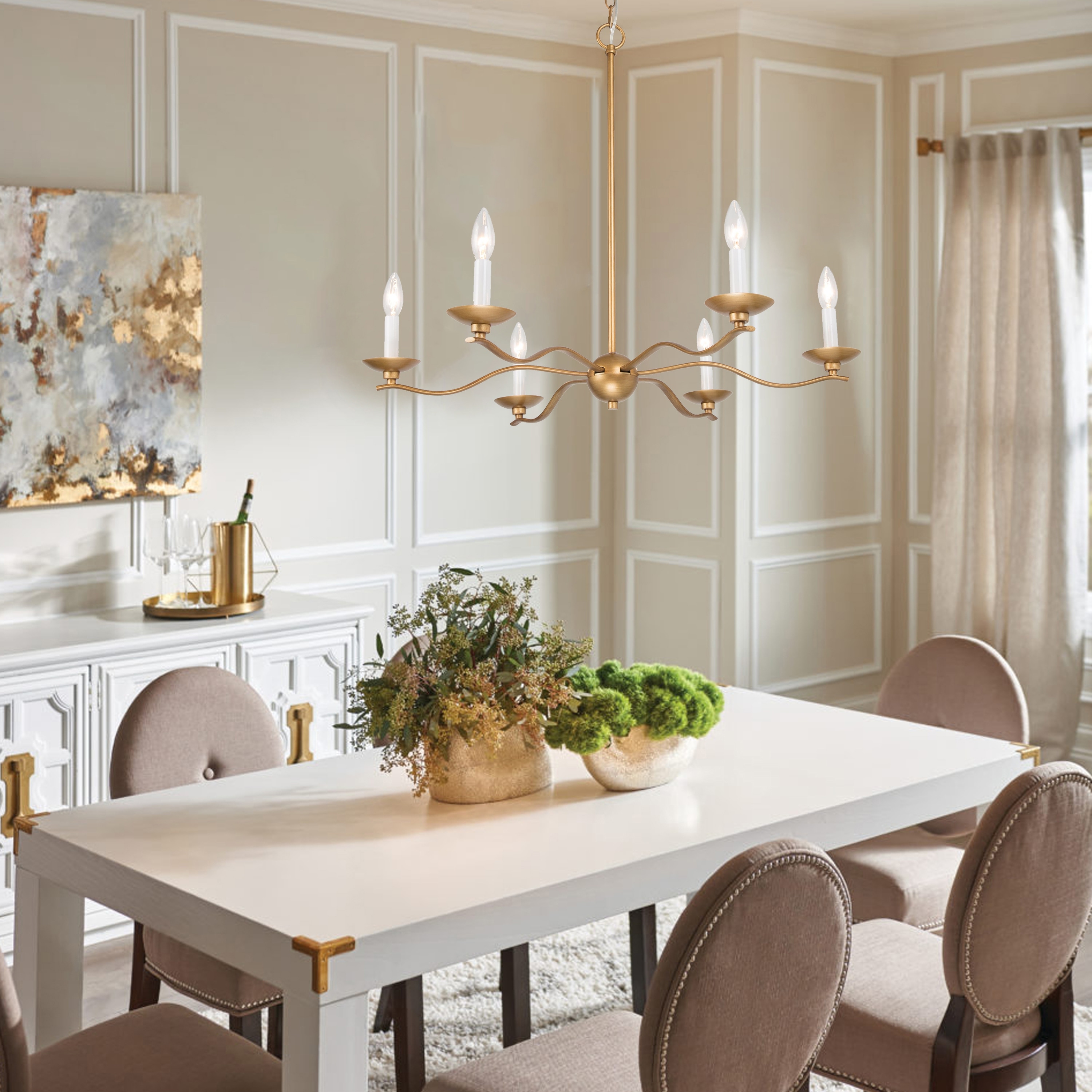 Mid-century Modern Candle Chandelier French Country 6-light Large Size Brass Dining Room Light - D30" x H86.5"