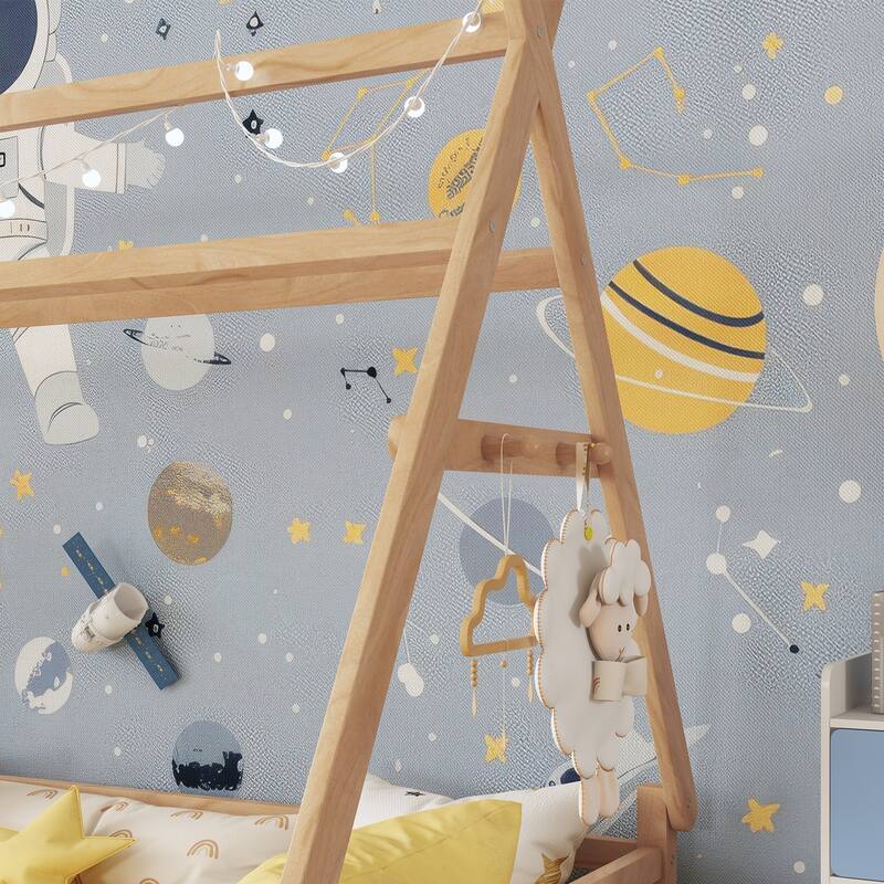 Twin House Bed with Light, Low Floor Design, Fence and Roof for Kids, Natural Finish