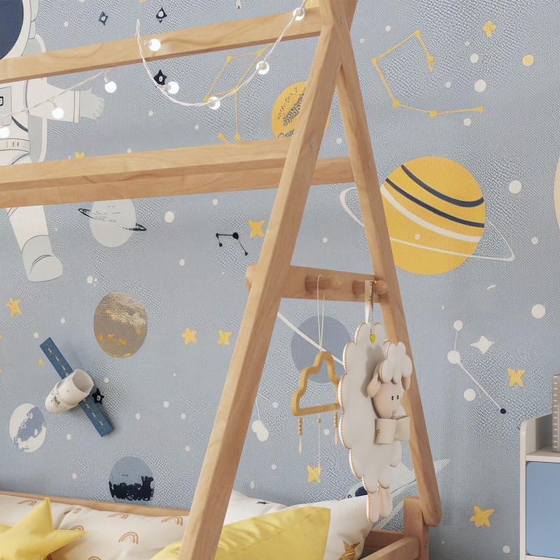 Twin House Bed with Light & Fence Roof for Kids Boys Girls - Natural