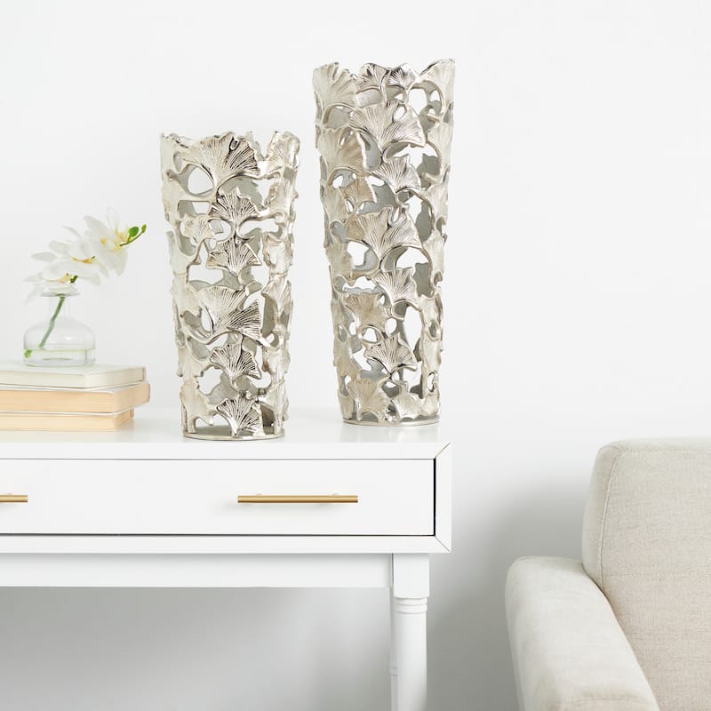 Aluminum Metal Vase with Ginkgo Leaf Design - Set of 2 Silver - Roche River Decor - 8"W x 8"L x 19"H