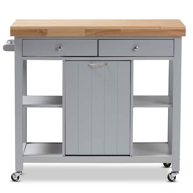Kitchen Cart with Storage - Light Grey Wood Rolling Island, Farmhouse Style, 4 Shelves, 2 Drawers