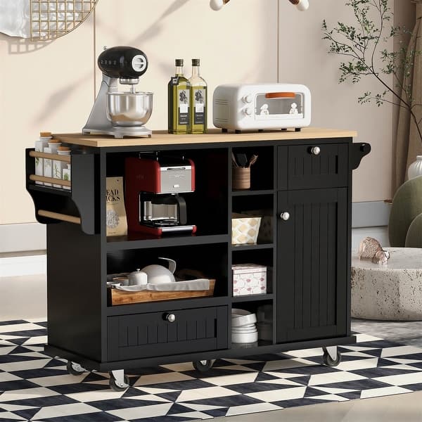 Black Kitchen Island Cart Storage Locking Wheel Wood Sideboard