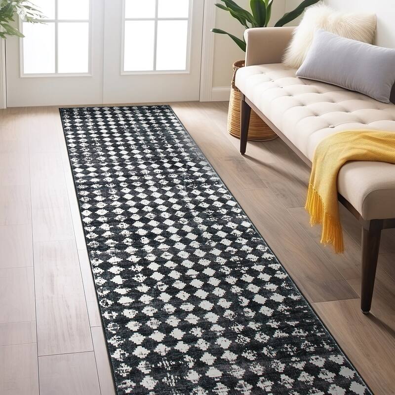 World Rug Gallery Geometric Distressed Abstract Washable Non Slip Area Rug - Black - 2'x8' Runner