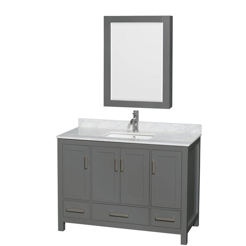 Wyndham Collection WCS141448SUNSMED Sheffield 48" Freestanding Single - Dark Gray / White Carrara Marble Top / Brushed - Steel Finish