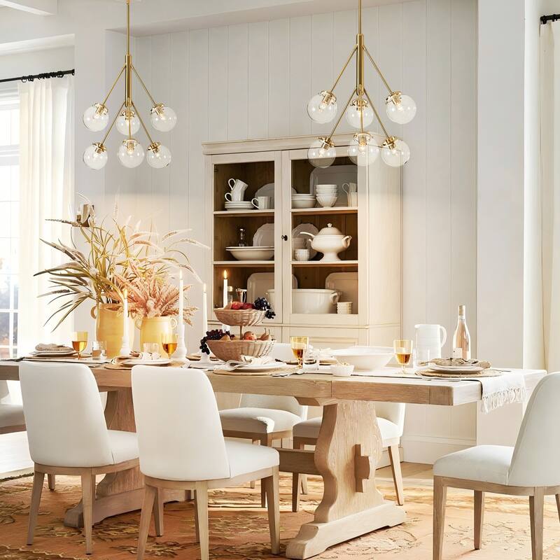6-Light Modern Glam Sputnik Brass/Matte Black Finish Dimmable Chandelier with Clear Glass Globe for Living & Dining Room