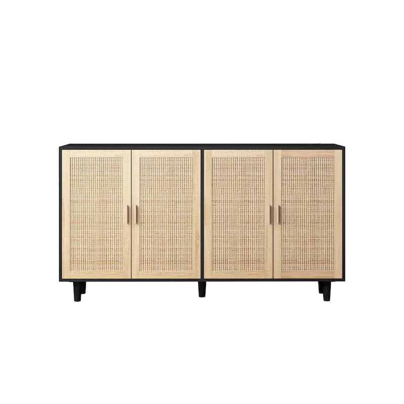 Rattan Buffet Cabinet with Storage, 62.20" Kitchen Cupboard with 4 Doors and Adjustable Shelves, Boho Wooden Console Cabinet