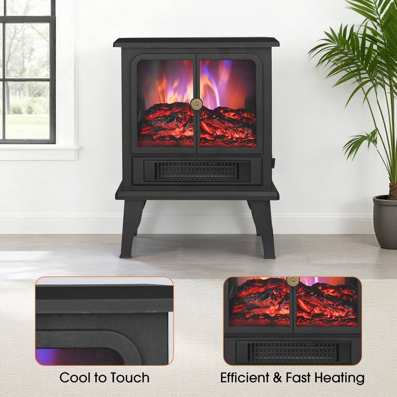 1500W Freestanding Electric Stove Fireplace Heater with Realistic Flame and Overheat protection - 14" L x 8.11" W x 18.9" H