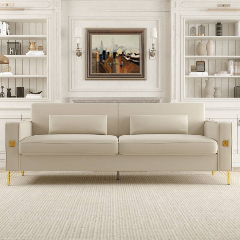 Modern 85.63" Velvet 3-seater Sofa with Gold Accents and Plush Cushions for Living Room