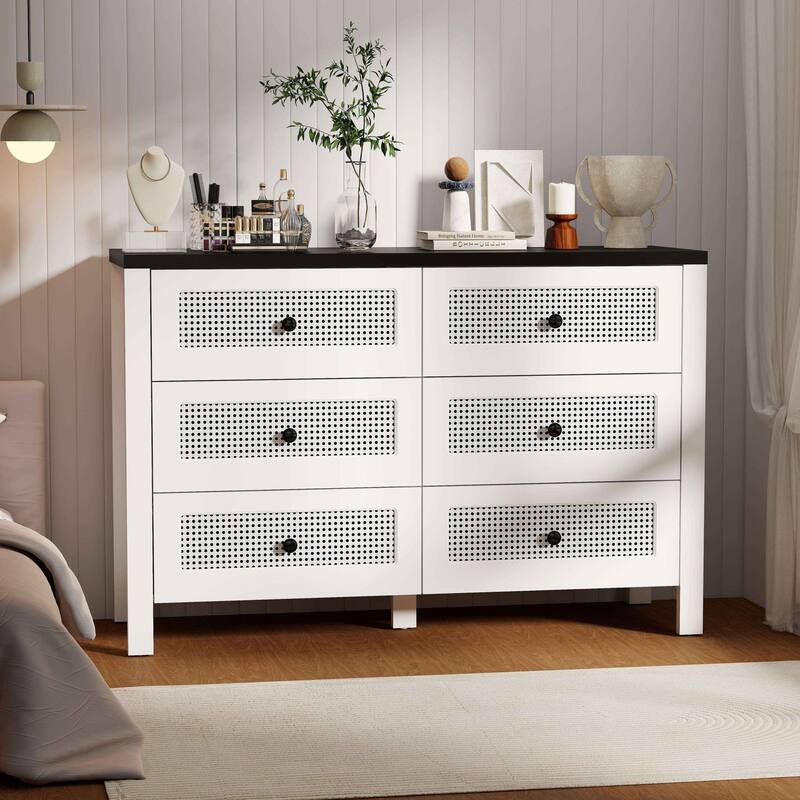 Fluted 6 Drawer Dresser for Bedroom, 47.2 Inch Wide Modern Wooden Chest of Drawers with Metal Handles