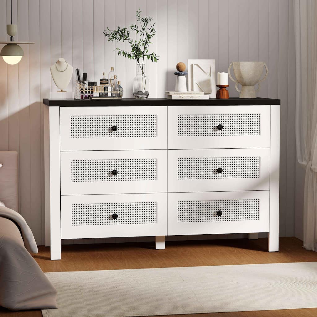 Fluted 6 Drawer Dresser for Bedroom, 47.2 Inch Wide Modern Wooden Chest of Drawers with Metal Handles