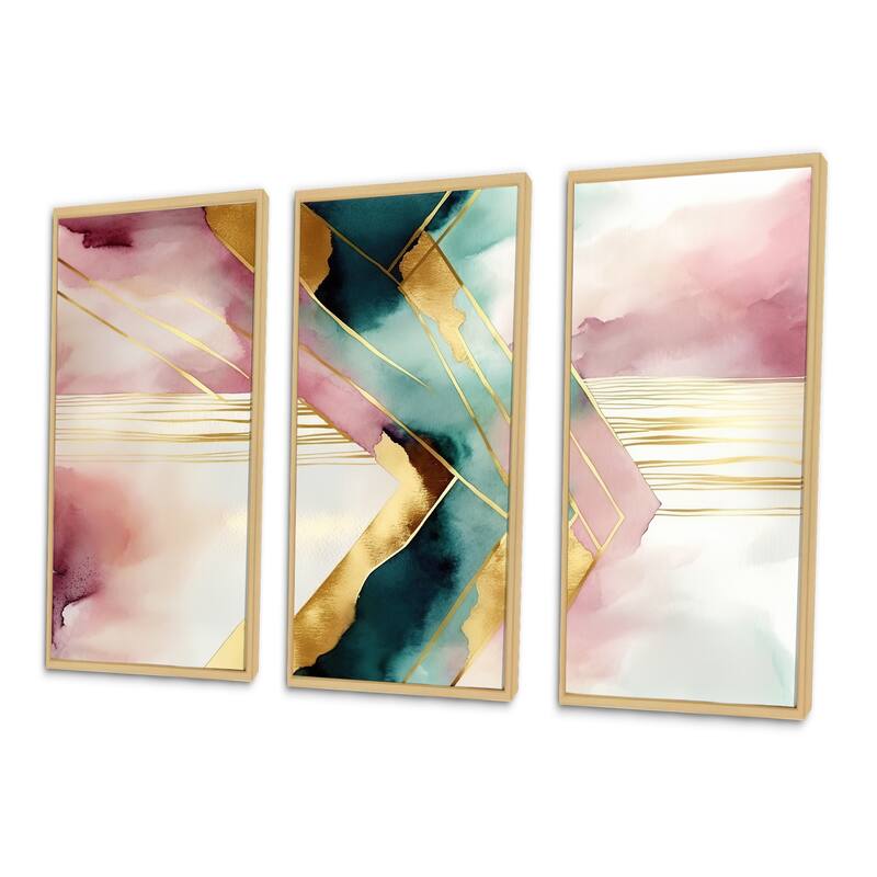 Designart "Abstract Geode Geometric Pink And Green III" Modern Geometric Framed Canvas Art Print - 3 Panels