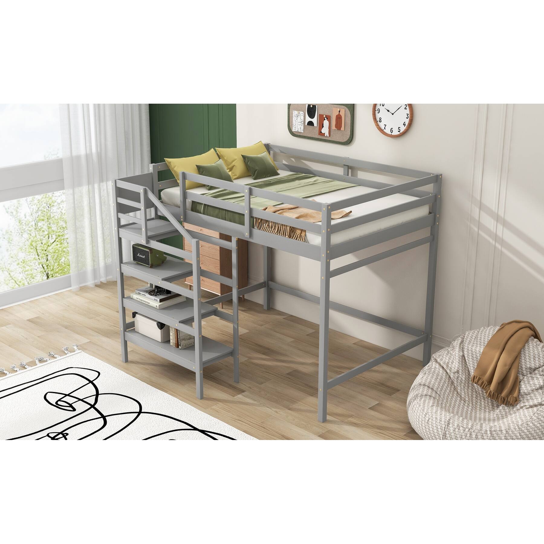 Pine Wood Loft Bed Full Size Loft Bed Frame with Builtin Storage