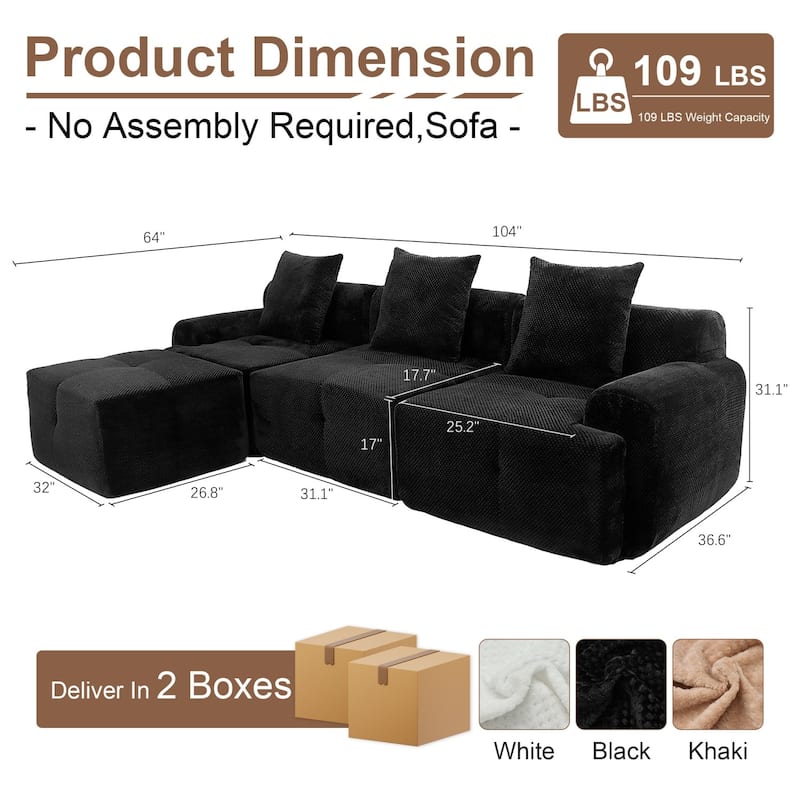 104" L-Shaped Sectional Sofa with Ottoman, No Assembly Required