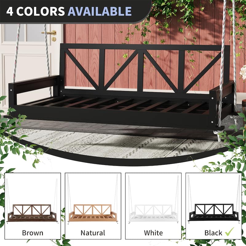 Wood Twin Size Patio Hanging Swing with Hemp Ropes (No Cushion,Pillow)