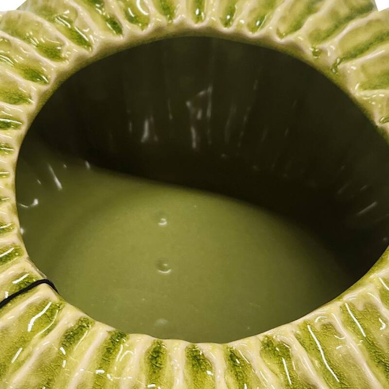 Decorative Planter, Melon Shape, Vertical Ribbed Texture, Green Ceramic