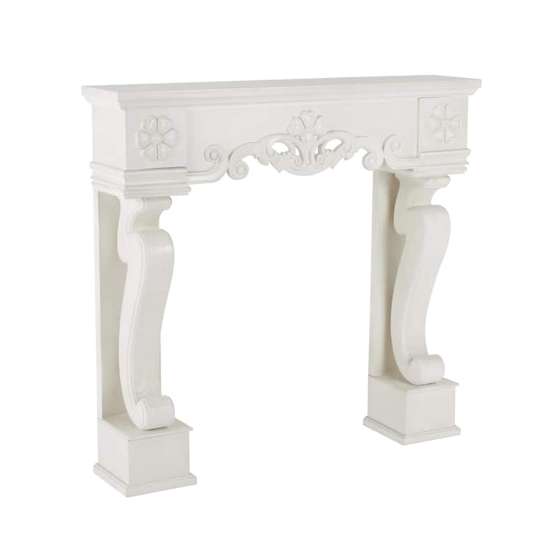 White Wooden Freestanding Scroll Decorative Fireplace Mantle with Floral Accents - 10"W x 45"L x 42"H