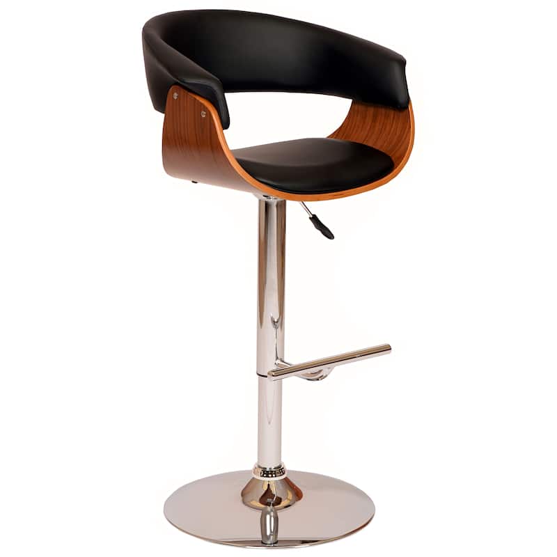 Paris Mid Century Modern Walnut Wood and Black Faux Leather Adjustable Swivel Barstool