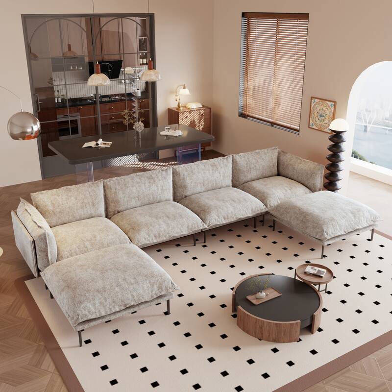 147" U-Shaped Modular Sectional Sofa Couch for Living Room Chenille Cloud Couches 4 Seater with 2 Ottoman