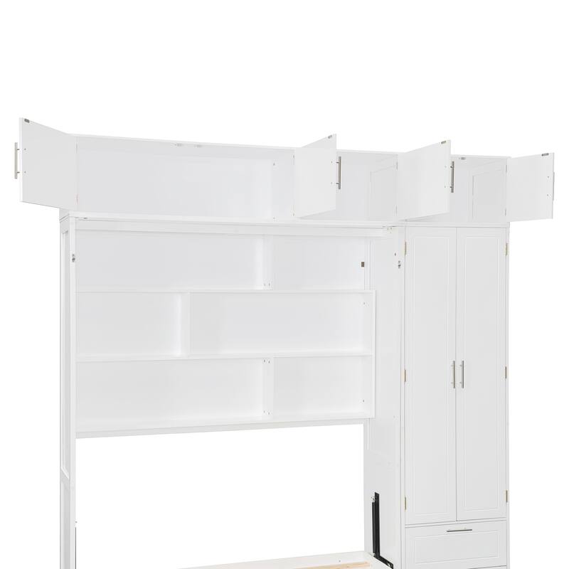 Queen Size Wall Murphy Bed with Top Cabinet, Shelves, and Side Wardrobe