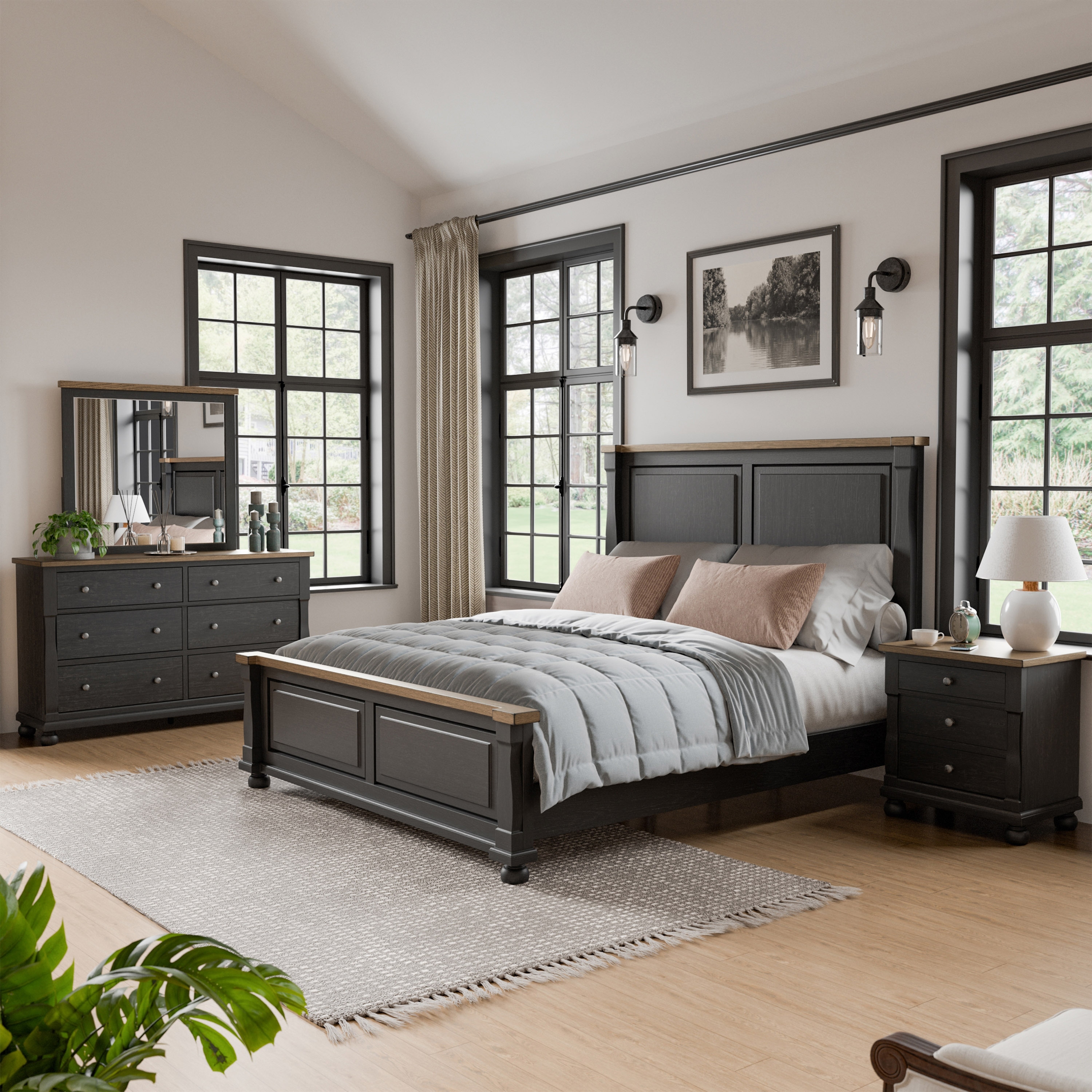Furniture of America Lucan II Modern 4-Piece Farmhouse Black Solid Wood Queen Panel Bedroom Set