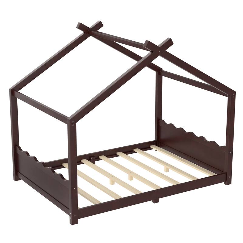 Roomfitters House Floor Bed with Support Slats, Solid Wood Open Frame Design