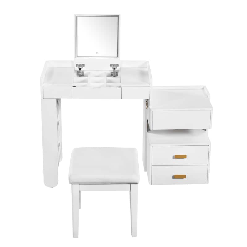 3-in-1 Makeup Vanity Desk with Stool, Flip-Top Mirror, Adjustable 3 Colors Lighting & Retractable Side Cabinet