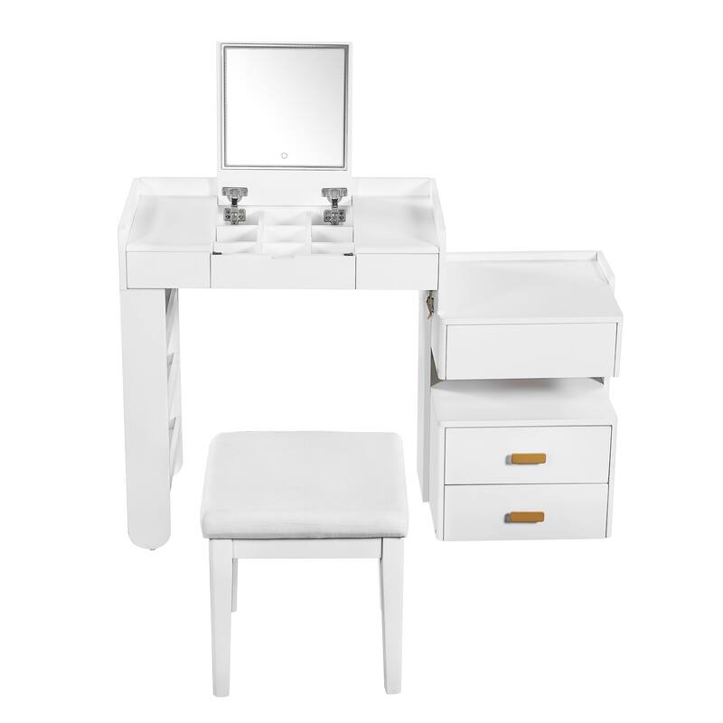 Bedroom Dressing Table and Stool Set of 2, 3-in-1 Makeup Vanity Desk with 3-Color Lighted Mirror & Retractable Side Cabinet