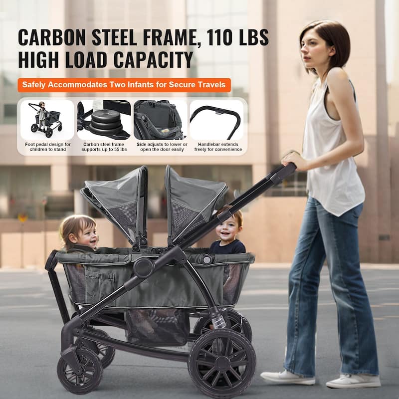 Carbon Steel All-Terrain Stroller Wagon Foldable Twin with Canopy and Tray - 47.2” L x 27.2” W x 42.1” H