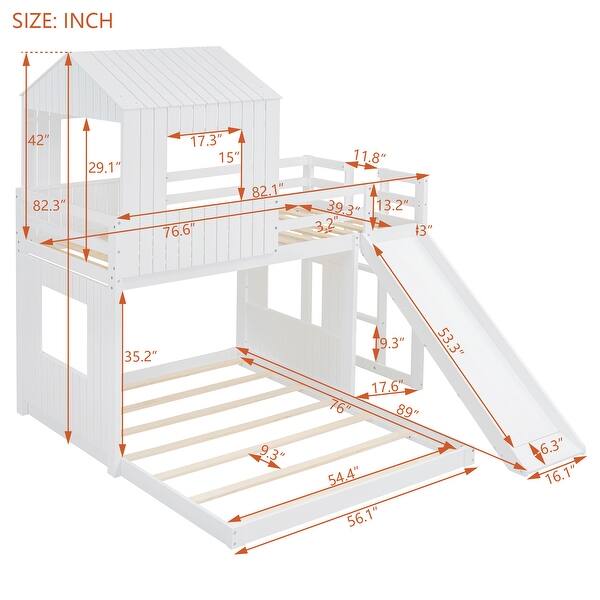 Wood House Shape Bunk Bed with Ladder and Slide, White