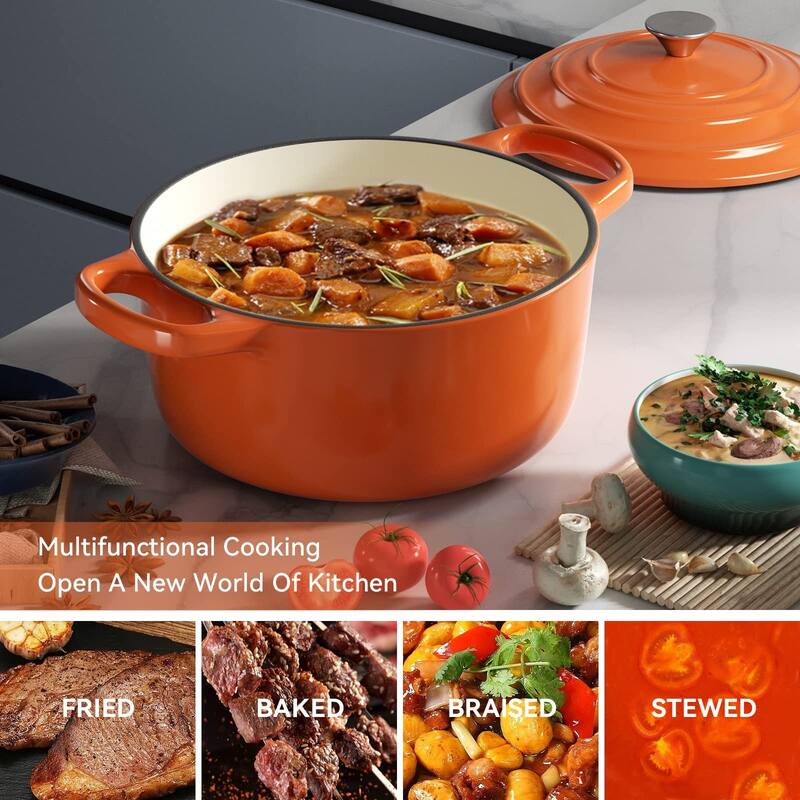6 QT Enameled Dutch Oven Pot with Lid, Cast Iron Dutch Oven with Dual Handles Non-stick Enamel Coated Cookware