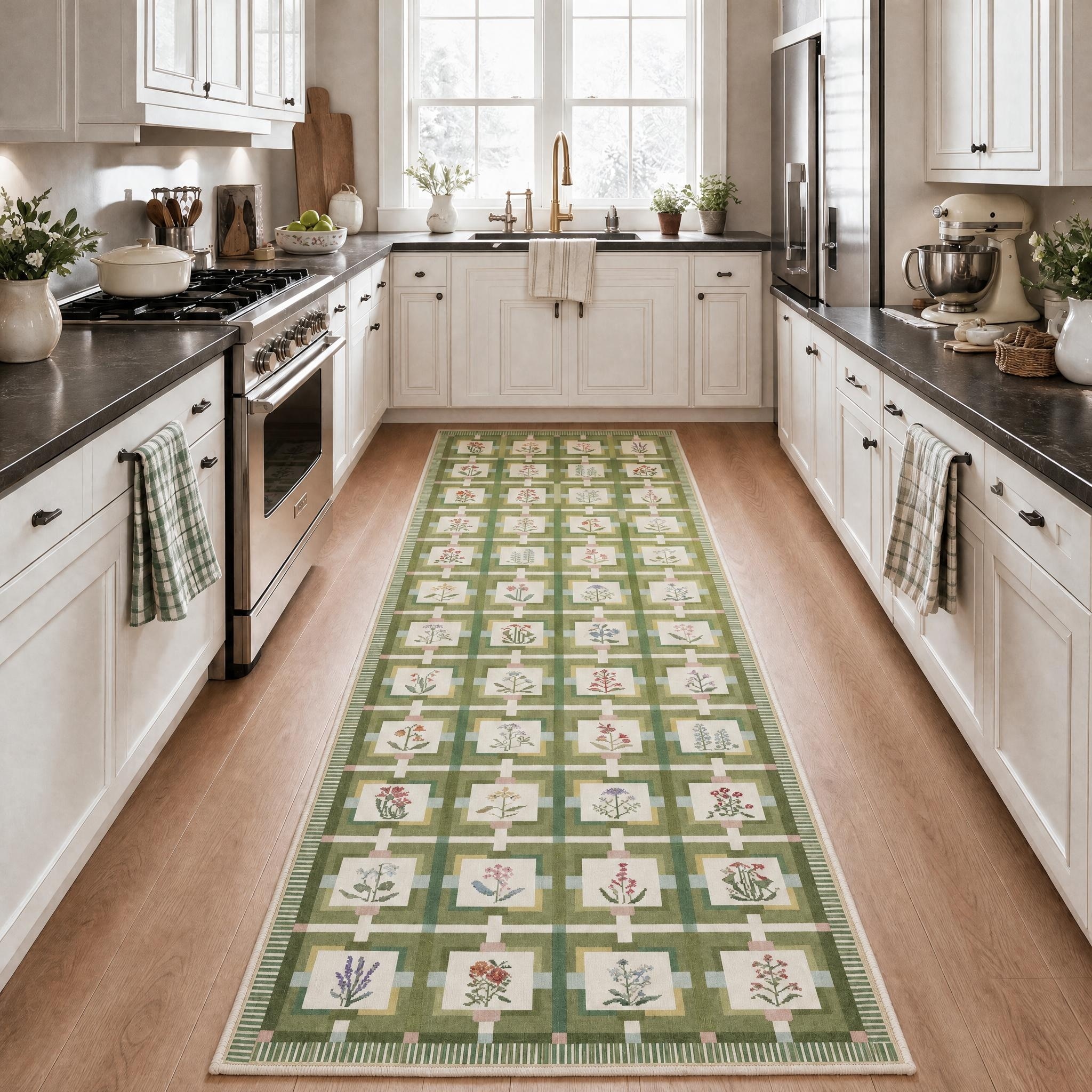 Vintage Floral Geometric Area Rug Non-Slip Washable Low-Pile Carpet