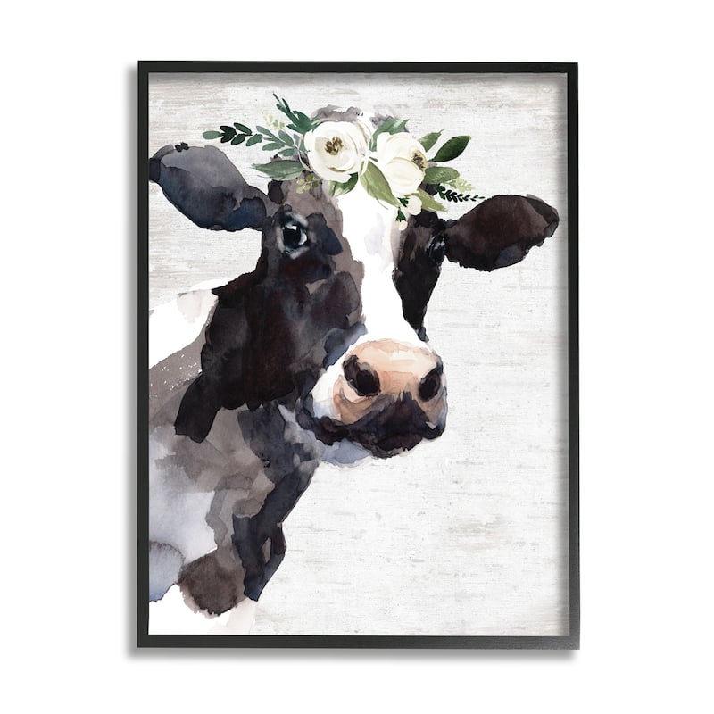 Stupell Dairy Farm Cow Boho Floral Crown Charming Animal Framed Wall Art - 16 x 20 - Black