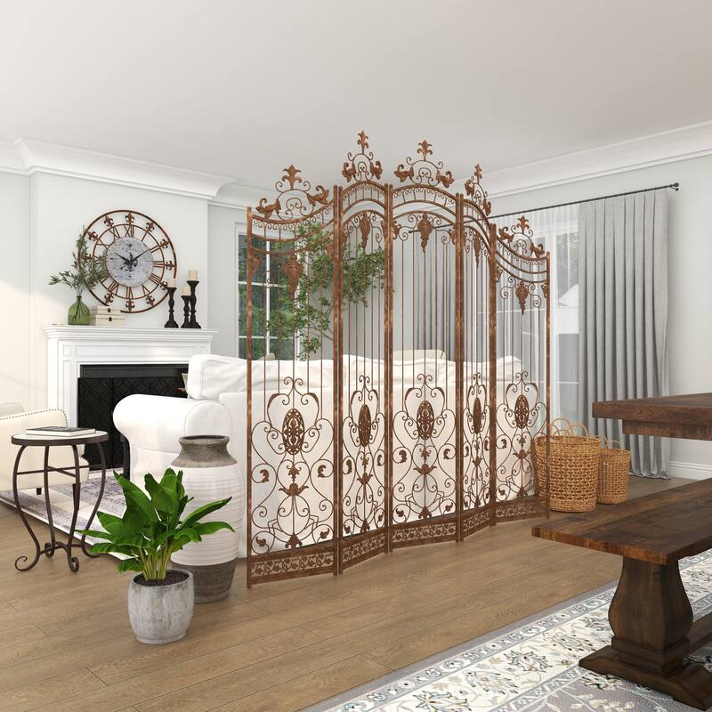 Bronze Metal Hinged Foldable Arched Partition 5 Panel Partition Room Divider Screen with Relief Acanthus Design