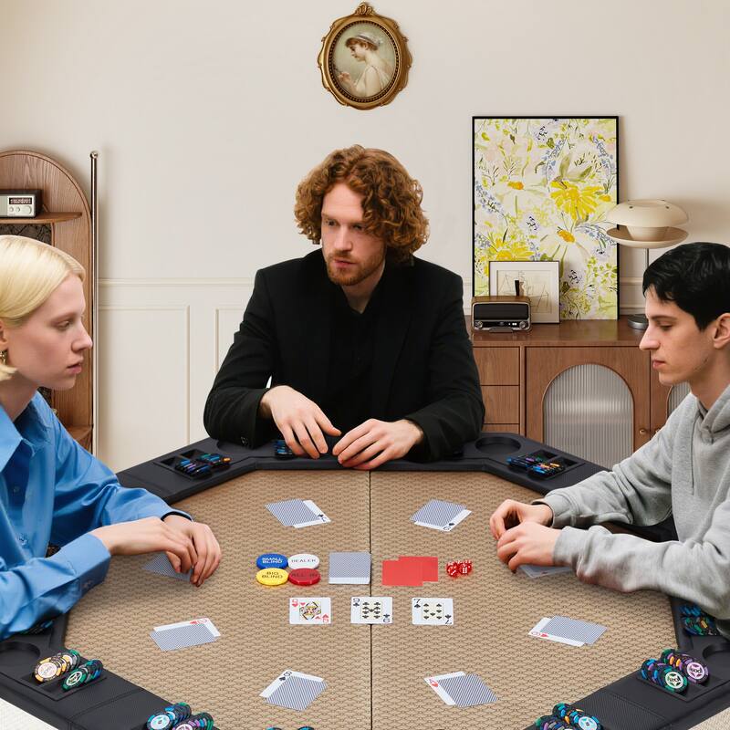 EROMMY 8 Player Foldable Poker Table, Portable Folding Game Table with Cup Holders and Chip Trays for Home Parties