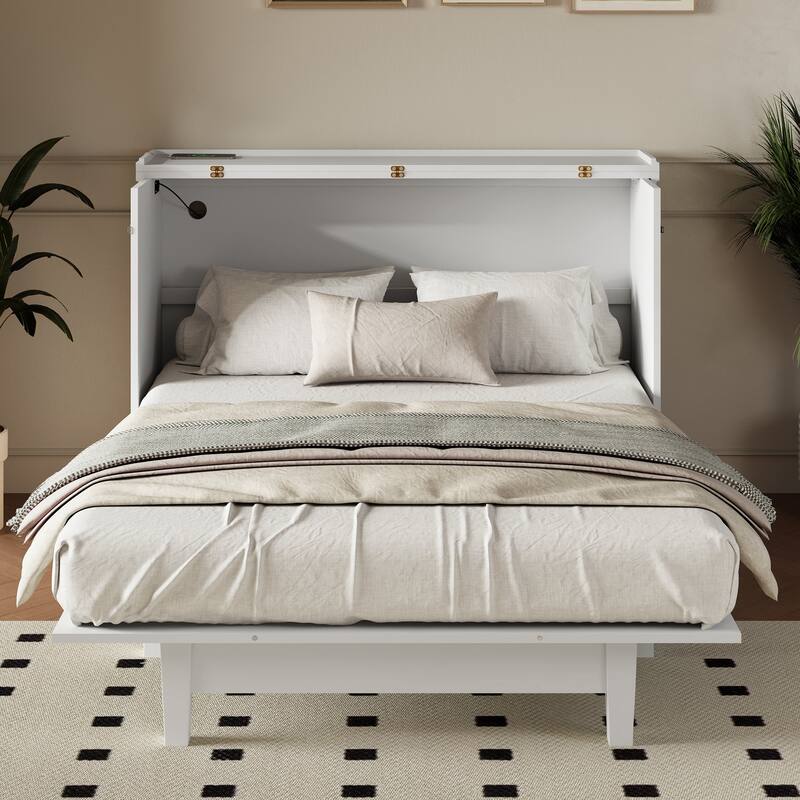 Solid Pine Murphy Bed Chest Cube Cabinet Bed with Charging Station and Large Storage Drawer for Home Office or Small Room