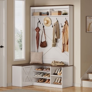 Moasis Farmhouse Hall Tree with Shoes Bench and Cabinet Corner