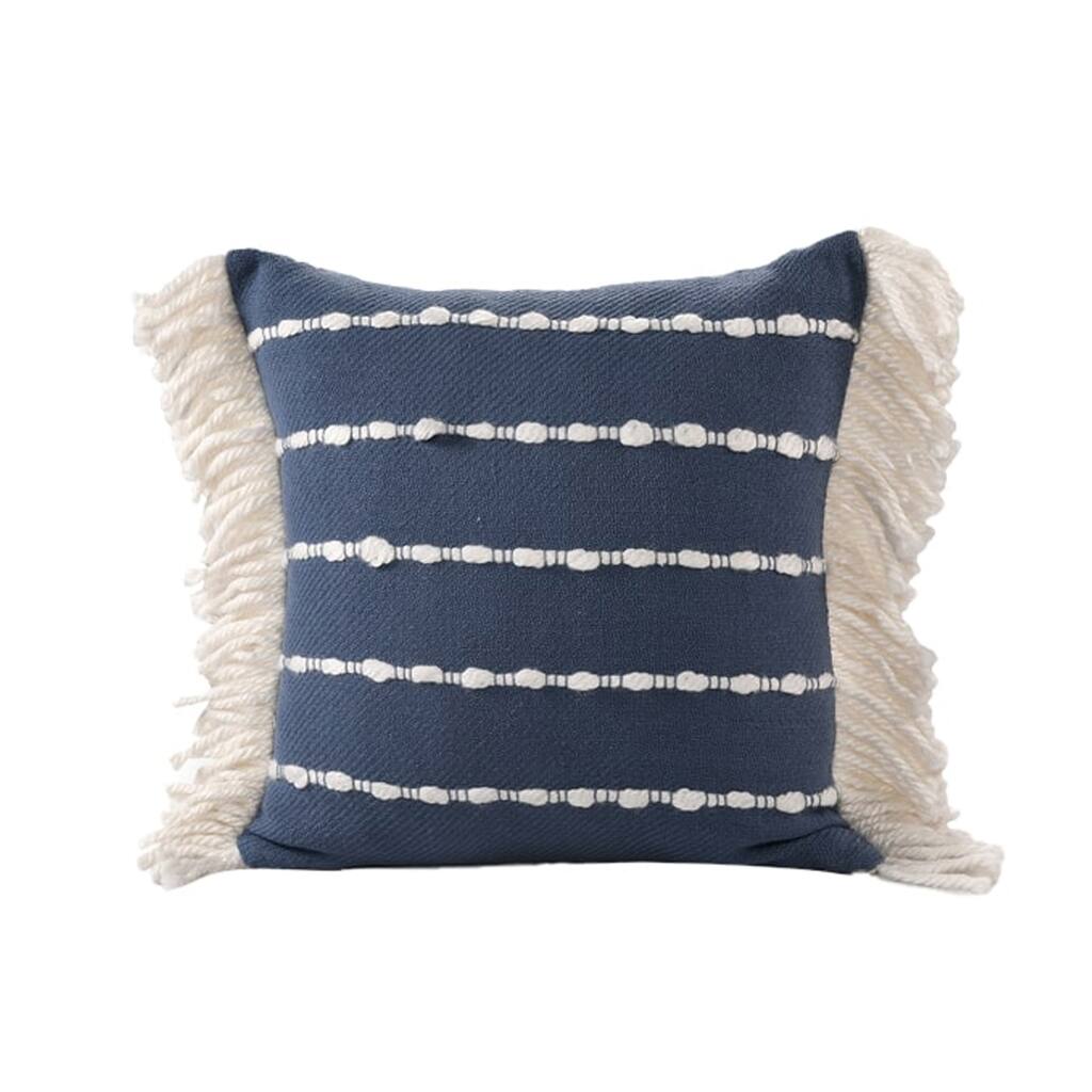 Handwoven Dotted Stripe Square Throw Pillow with Fringes - 18" - Navy and Cream