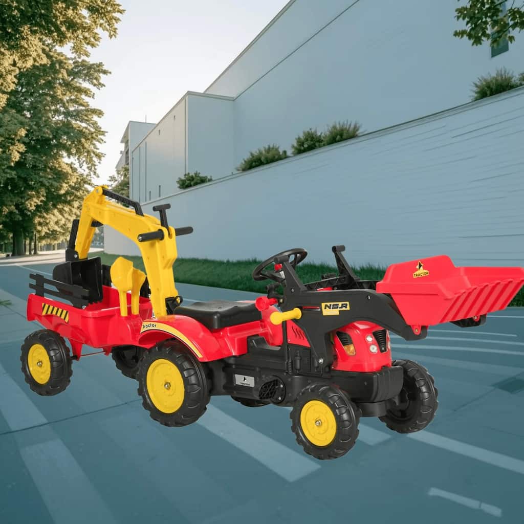 Kids Pedal Excavator Digger Ride On Car with Detachable Cargo Trailer and 6 Durable Wheels, Authentic Construction Toy