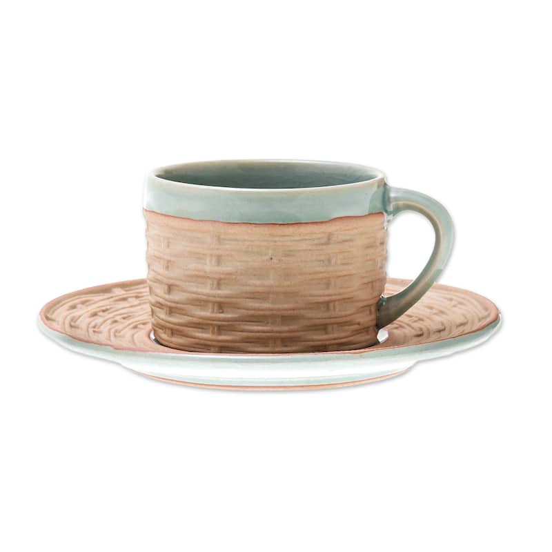 Novica Handmade Wicker In Green Ceramic Cup And Saucer