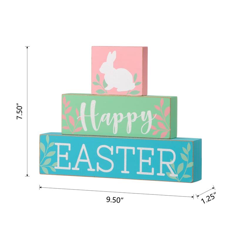 Glitzhome 9.5"L Wooden Block Easter Bunny Table Sign Decor "Happy Easter"