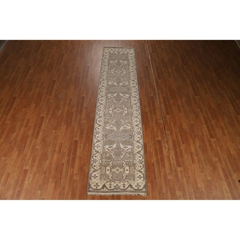 Hand Knotted Oriental 100% Wool Carpet Transitional All-Over Greys & Charcoal Oushak Runner Rug - 11' 9'' X 2' 8''