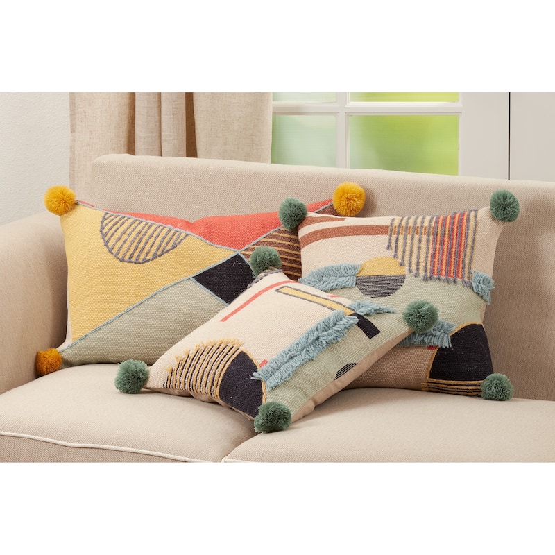 Embroidered Lumbar Pillow With Geometric Design - Feather Down