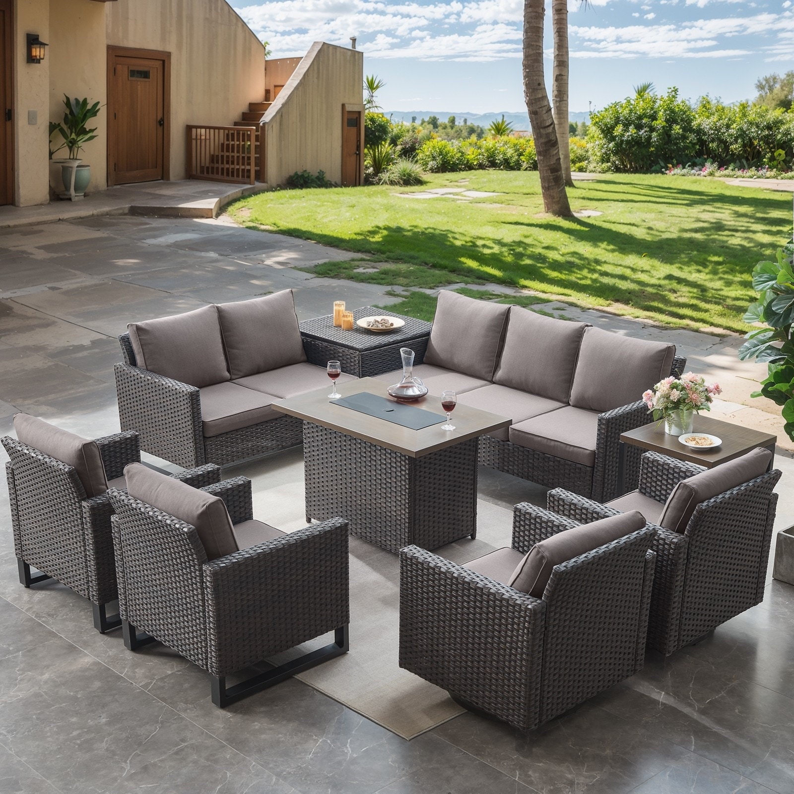 Fire Pit Table with Outdoor Glider Chair Sofa Table - Grey cushion - Brown